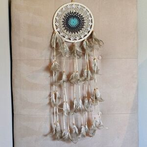 Feather Dreamcatcher, Decorative Crochet Center, Wood Beads, Cream Turquoise